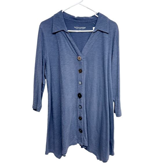 SOFT SURROUNDINGS Danielle Button Top Slub Knit Jersey Shirt Gray Blue Size L - Picture 1 of 3